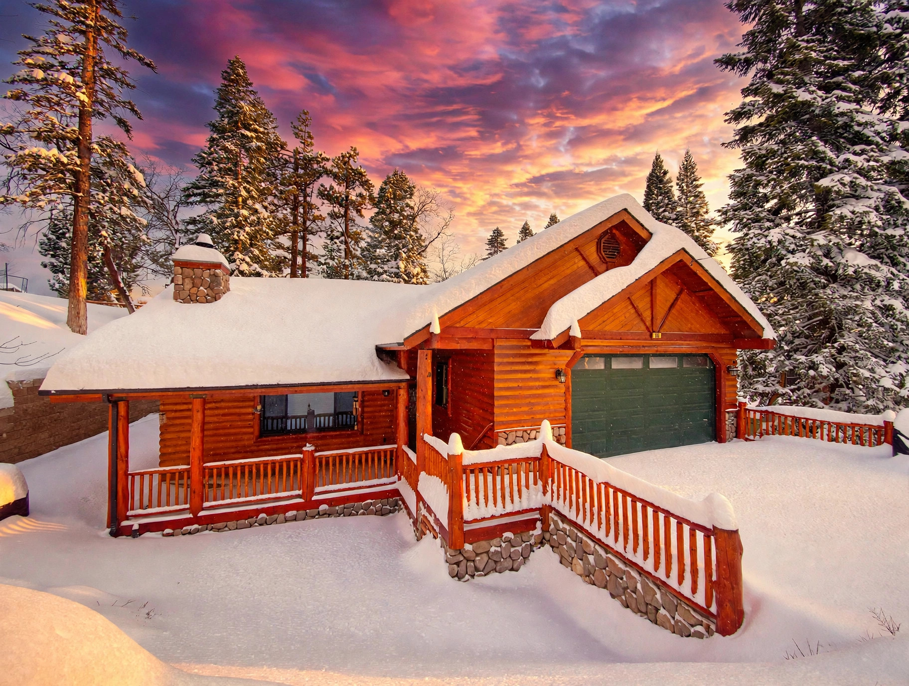 Snow-covered Big Bear Reset cabin in Big Bear Lake